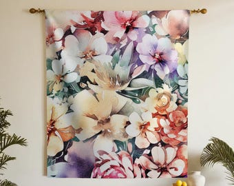 Floral Tapestry, Watercolor Wall Art, Pastel Room Decor, Boho Fabric Wall Hanging, Blooming Flowers Art, Dreamy Bedroom Decor, Art Tapestry