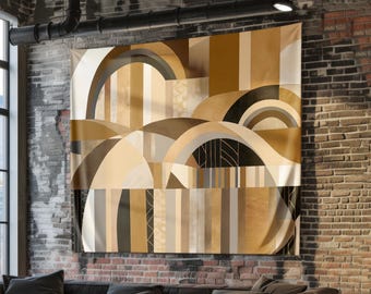 Mid Century Modern Tapestry, Boho Geometric Wall Hanging, Abstract Fabric Art, Minimalist Bohemian Decor in Earth Tones, Wall Blanket