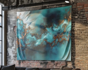 Patina Wall Hanging, Modern Abstract Tapestry, Teal and Rust Decor, Contemporary Fabric Art, Oxidized Copper Print, Luxury Boho Wall Art