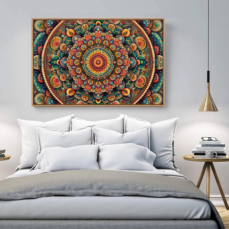 May include: A colorful mandala wall art print with intricate details in shades of blue, green, orange, and red. The mandala is surrounded by a border of small, colorful dots.