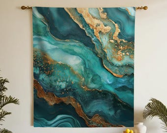 Teal Wall Tapestry, Abstract Patina Art, Bohemian Wall Hanging, Modern Bronze Wall Decor, Living Room Fabric Art