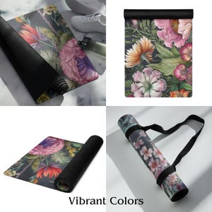 May include: Yoga mats with floral designs in pink, orange, and purple. The mats are rolled up and unrolled, showing the intricate flower patterns against a dark background. The text "Vibrant Colors" is visible.
