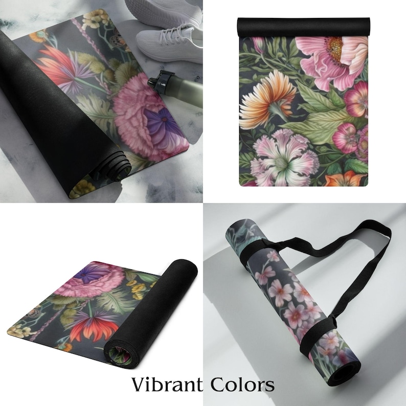 May include: Yoga mats with floral designs in pink, orange, and purple. The mats are rolled up and unrolled, showing the intricate flower patterns against a dark background. The text "Vibrant Colors" is visible.