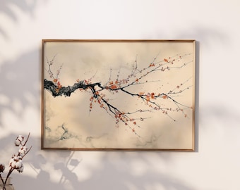 May include: A framed print of a delicate, stylized painting of a branch of a tree with pink blossoms. The background is a soft, light beige.