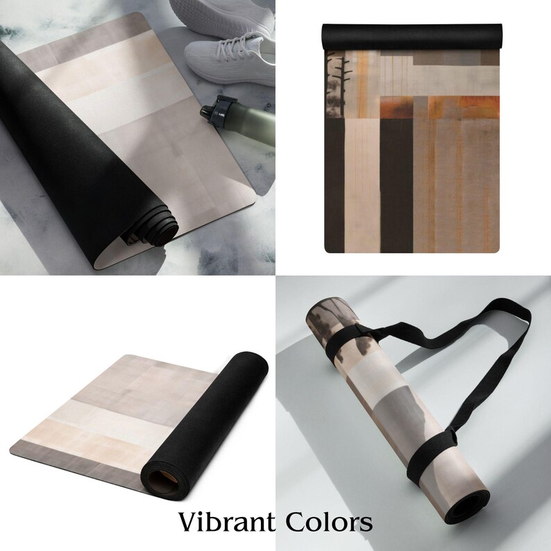 May include: Yoga mats in various states: rolled, unrolled, and in a carrying case. The mats feature a black underside and a top with a geometric design in neutral tones. The text "Vibrant Colors" is at the bottom.