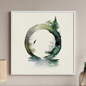 Könnte beinhalten: Ein Aquarellbild eines grünen und grauen Kreises mit einem Baum und einem Vogel darin. Der Kreis ist von einer Spiegelung des Baumes und des Vogels im Wasser umgeben.