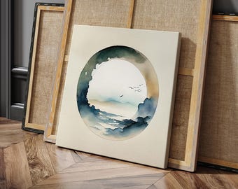 Extra Large Minimalist Zen Enso Circle Canvas Wall Art, Muted Blue and Earth Tone Watercolor Landscape Painting, Serene Nature Home Decor