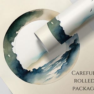 May include: Rolled art print featuring a watercolor design with shades of blue and green. The print is partially unrolled, revealing the artwork and the text "CAREFULLY ROLLED & PACKAGED". The print is on a cream-colored background.