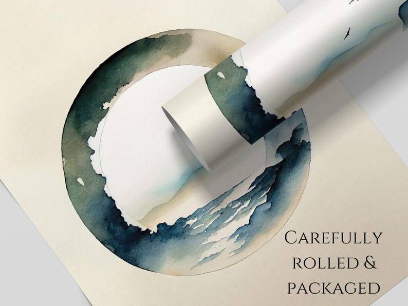 May include: Rolled art print featuring a watercolor design with shades of blue and green. The print is partially unrolled, revealing the artwork and the text "CAREFULLY ROLLED & PACKAGED". The print is on a cream-colored background.