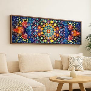 May include: A framed artwork featuring a colorful, abstract mandala design. The artwork showcases a vibrant array of dots in shades of blue, yellow, orange, and red, creating a symmetrical pattern. The frame is a dark brown color.