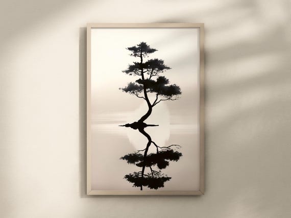 Minimalist Zen Tranquil Landscape Wall Art, Lone Tree Silhouette, Japanese Ink Art, Premium Matte Paper, Portrait Format Print, Art Print
