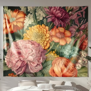 Botanical Tapestry, Original Art on Tapestry, Vintage Style Wall Hanging, Flower Bouquet Tapestry, Floral Indoor Wall Tapestry