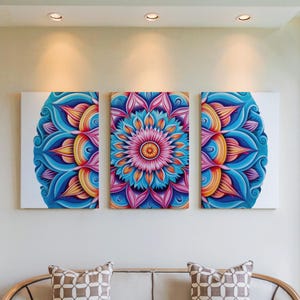 Set of 3 Layered Petal Wall Art, Detailed Mandala Triptych Prints, Symmetrical Floral Decor, Radiant Geometric Gallery Set