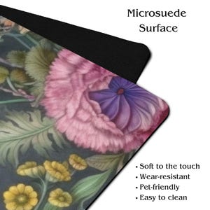May include: A microsuede surface featuring a floral design with pink, purple, and yellow flowers on a dark background. The text reads "Microsuede Surface" and lists features: soft to the touch, wear-resistant, pet-friendly, and easy to clean.