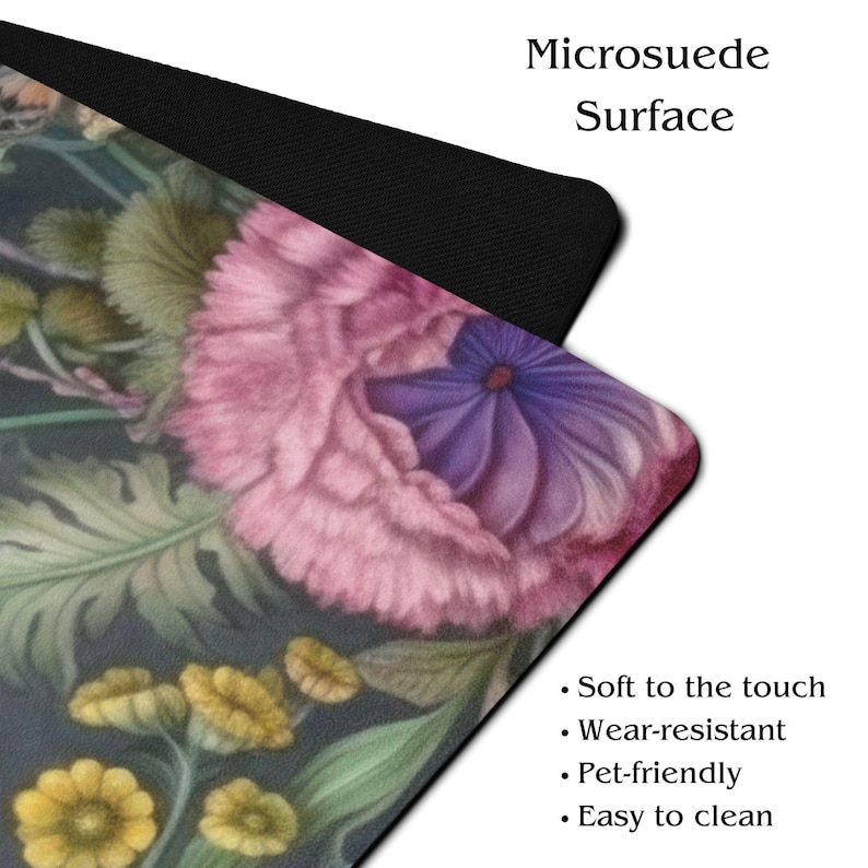 May include: A microsuede surface featuring a floral design with pink, purple, and yellow flowers on a dark background. The text reads "Microsuede Surface" and lists features: soft to the touch, wear-resistant, pet-friendly, and easy to clean.
