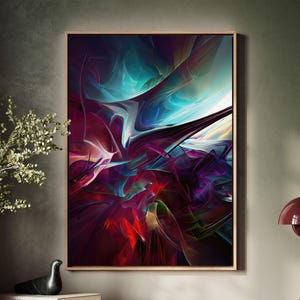 Puede incluir: Impresión de arte abstracto con colores giratorios de azul, morado, rojo y negro. La obra de arte está enmarcada en un marco de madera claro.