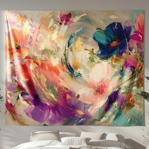 Abstract Floral Tapestry, Original Art on Tapestry, Vibrant Wall Hanging, Elegant Tapestry, Nature Indoor Wall Tapestry, Abstract Decor