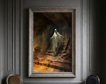 May include: A framed painting depicts a spectral figure in a dimly lit, aged interior. The artwork features a ghostly apparition descending a staircase, with warm, golden hues contrasting the darker tones of the room. The frame is ornate, adding to the vintage aesthetic.