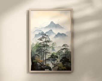 May include: A framed watercolor painting depicting a misty mountain landscape with lush green trees and a waterfall. The painting features a soft, muted color palette with shades of blue, green, and white.