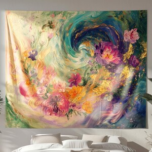 Abstract Floral Tapestry, Original Art on Tapestry, Vibrant Wall Hanging, Elegant Tapestry, Nature Indoor Wall Tapestry, Abstract Decor