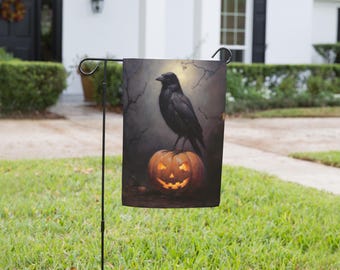 Backyard Halloween Garden Flag, Raven over Glowing Pumpkin, Dark Academia Patio Decor, Vintage Painted Gothic Spooky Banner, Nocturne Art