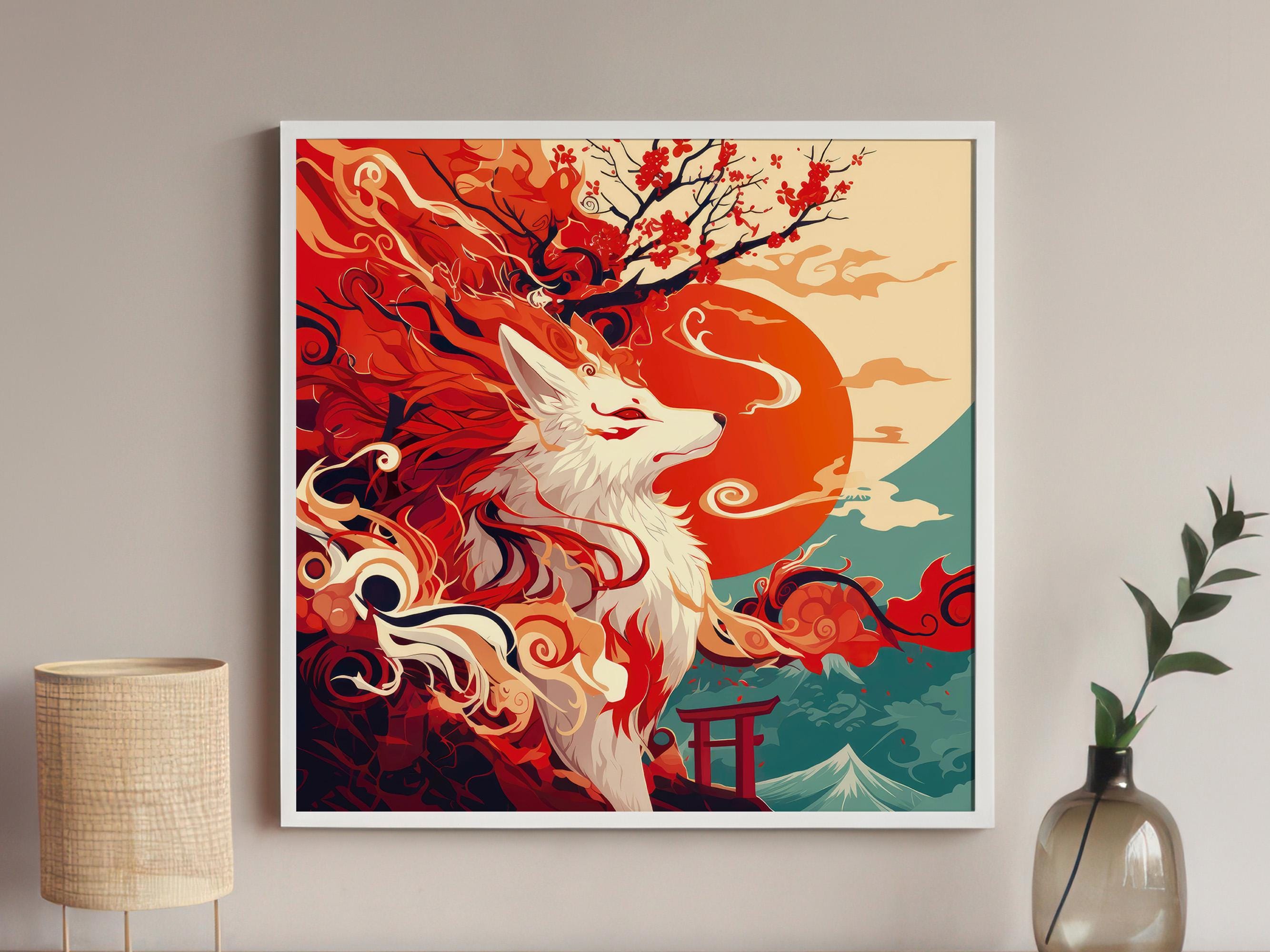 鬼レア35枚限定 Repeat Pattern Fukuoka Kumamoto Mystical Nine-tailed Fox Print, Ethereal Japanese Folklore Square
