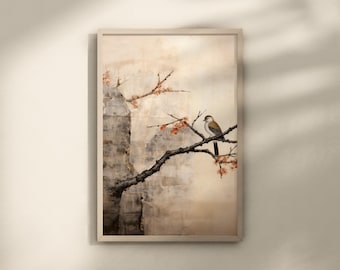 May include: A framed watercolor painting of a bird perched on a branch with delicate pink blossoms. The background is a soft, muted beige with hints of gray and brown.
