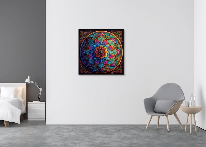 K&ouml;nnte beinhalten: Ein farbenfrohes Mandala mit filigranen Details in Blaut&ouml;nen, Lila, Rosa, Orange und Gold. Das Mandala ist von einem schwarzen Hintergrund umgeben.