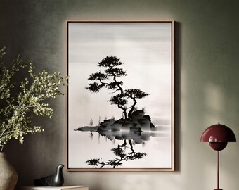 Minimalist Zen Portrait, Framed Canvas Wall Decor, Tranquil Lone Tree Landscape, Japanese Ink Wash Art, Peaceful Home Accent, Calming Decor