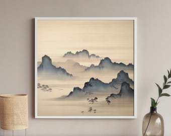 Beruhigende Zen-Gebirgskette Wandkunst, minimalistischer japanischer Sumi-e quadratischer Druck, ruhige Natur Premium Mattpapierdekor, Wandkunst