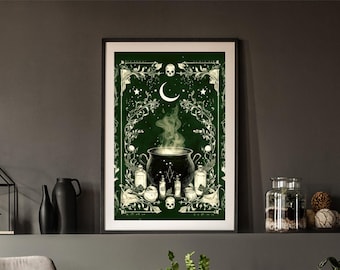 Mysterious Gothic Aesthetic Print, Vintage Apothecary Art, Emerald Cauldron Moon, Dark Academia Decor, Portrait Premium Matte Paper