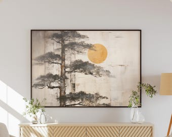 Extra Large Japandi Pine Tree Art Print, Textured Matte Fine Art Paper, Wabi Sabi Sun and Nature Landscape, Neutral Wall Decor