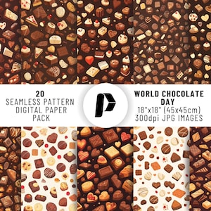 Può includere: Un pacchetto di carta digitale con 20 motivi senza cuciture che mostrano disegni di cioccolato. I motivi presentano un assortimento di cioccolatini, tartufi e caramelle. L'immagine include il testo "WORLD CHOCOLATE DAY 18"x18" (45x45cm) 300dpi JPG IMAGES".