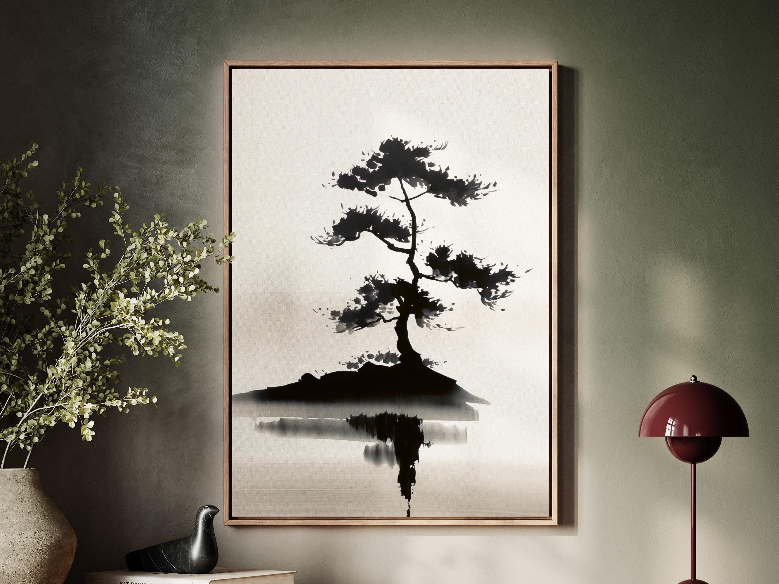 Minimalist Zen Lone Tree Portrait Framed Canvas, Floating Frame