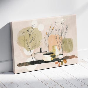 May include: Canvas art print featuring an abstract still life. The artwork showcases neutral tones with beige, brown, and green hues. It depicts stylized vases, bowls, and botanical elements, creating a minimalist and modern aesthetic.