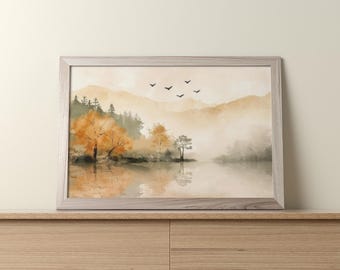 Japandi Landscape Wall Art, Japanese Minimalist Mountain Painting, Wabi-Sabi Nature Decor, Warm Earth Tone Horizon Gallery Set