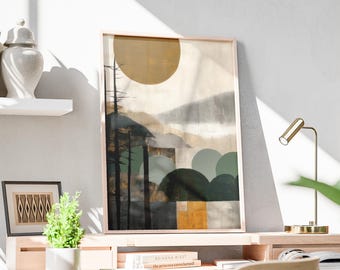Japandi Abstract Framed Art, Geometric Sun and Mountain Print, Minimalist Scandi Wall Decor, Portrait Green and Gold, Wabi Sabi Artwork