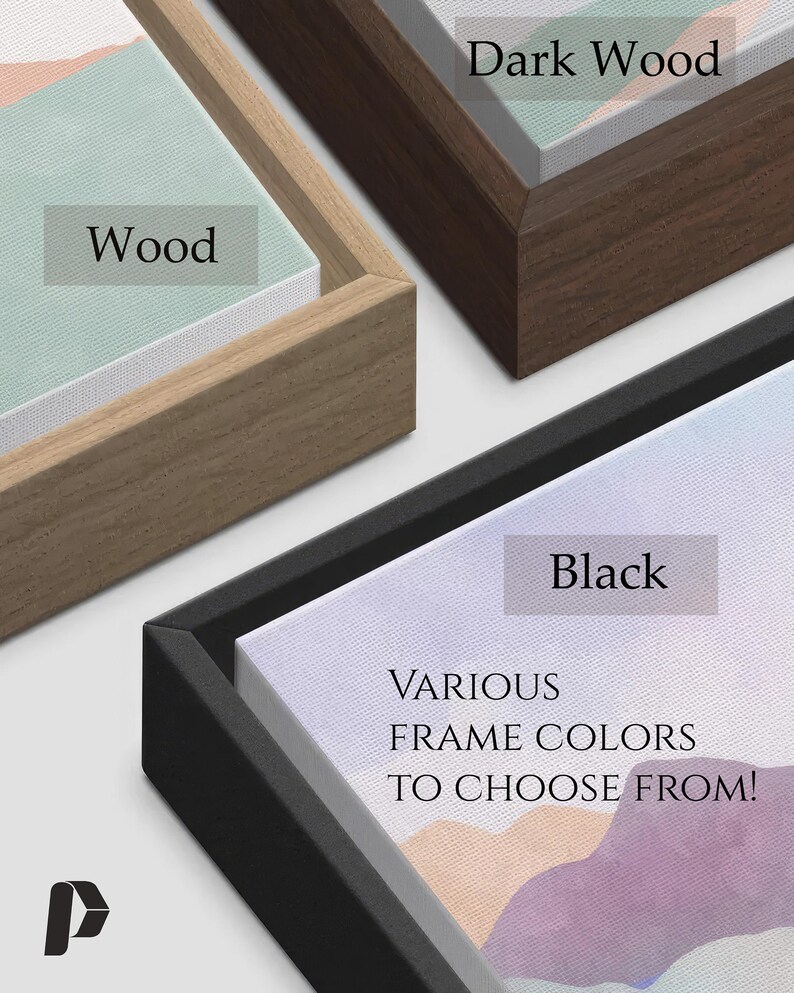 May include: A close-up of a framed print with various frame colours to choose from. The frame colours shown are wood, dark wood, and black.