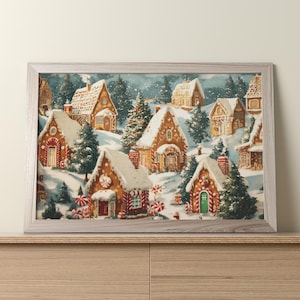 Lámina de pueblo de jengibre, arte navideño, decoración festiva y original, escena invernal tradicional, papel mate, arte mural navideño