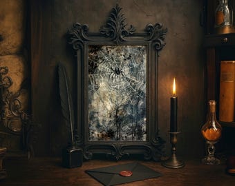 May include: A gothic-themed still life featuring a framed image of a spider and web. A lit black candle, inkwell with a feather, and a sealed envelope are on a wooden surface. The scene evokes a vintage, mysterious atmosphere.