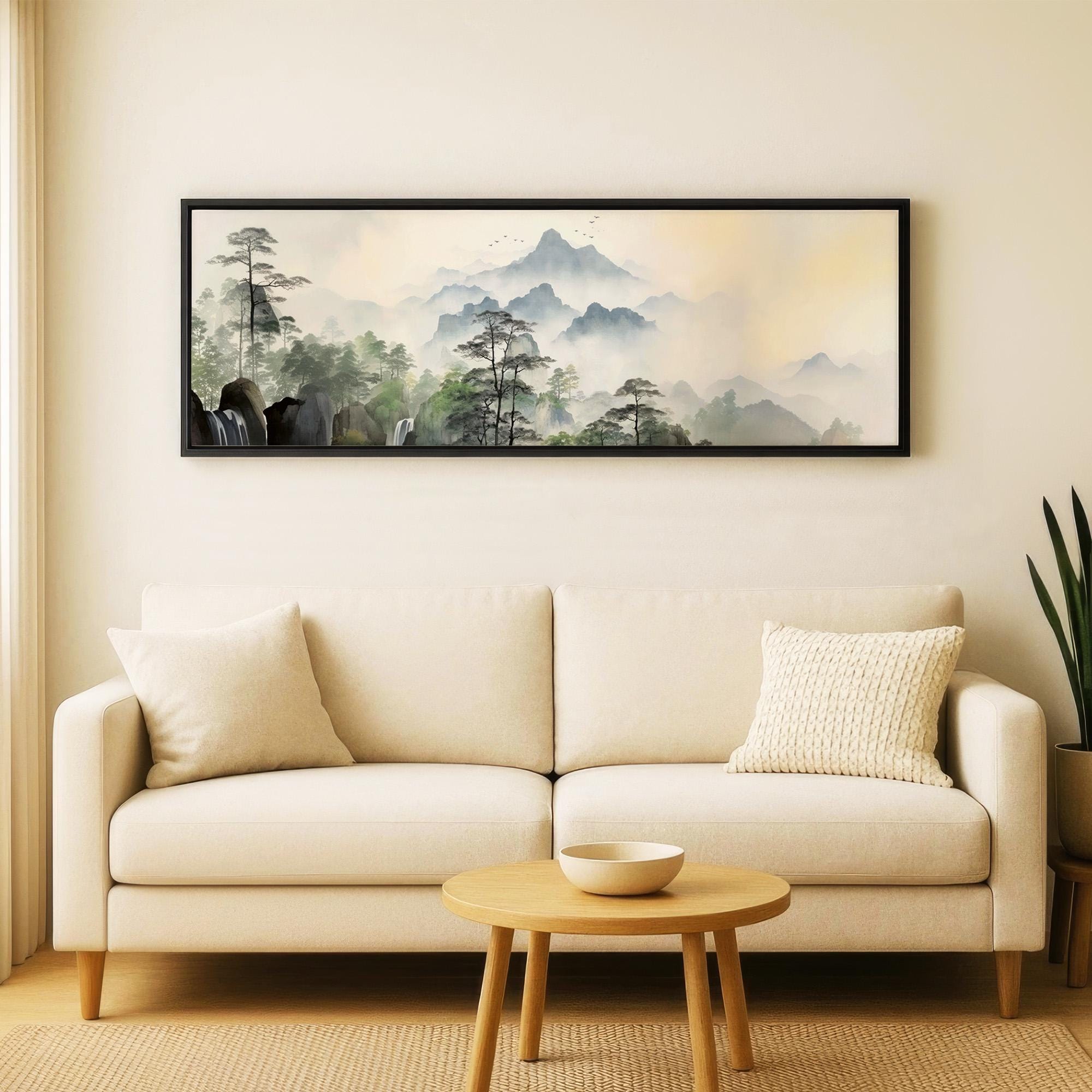 Framed Canvas Japandi Art, Panoramic Art on Framed Canvas, Long