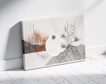 May include: Canvas art print featuring an abstract landscape with a minimalist design. The artwork showcases a white sphere, gray mountains, and delicate branches with red accents. The color palette includes shades of gray, brown, and white.