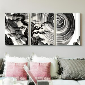 Set of 3 Japanese Ink Wash Wall Art, Black & White Zen Tree Triptych, Sumi-e Style Decor, Minimalist Abstract Nature Gallery Set
