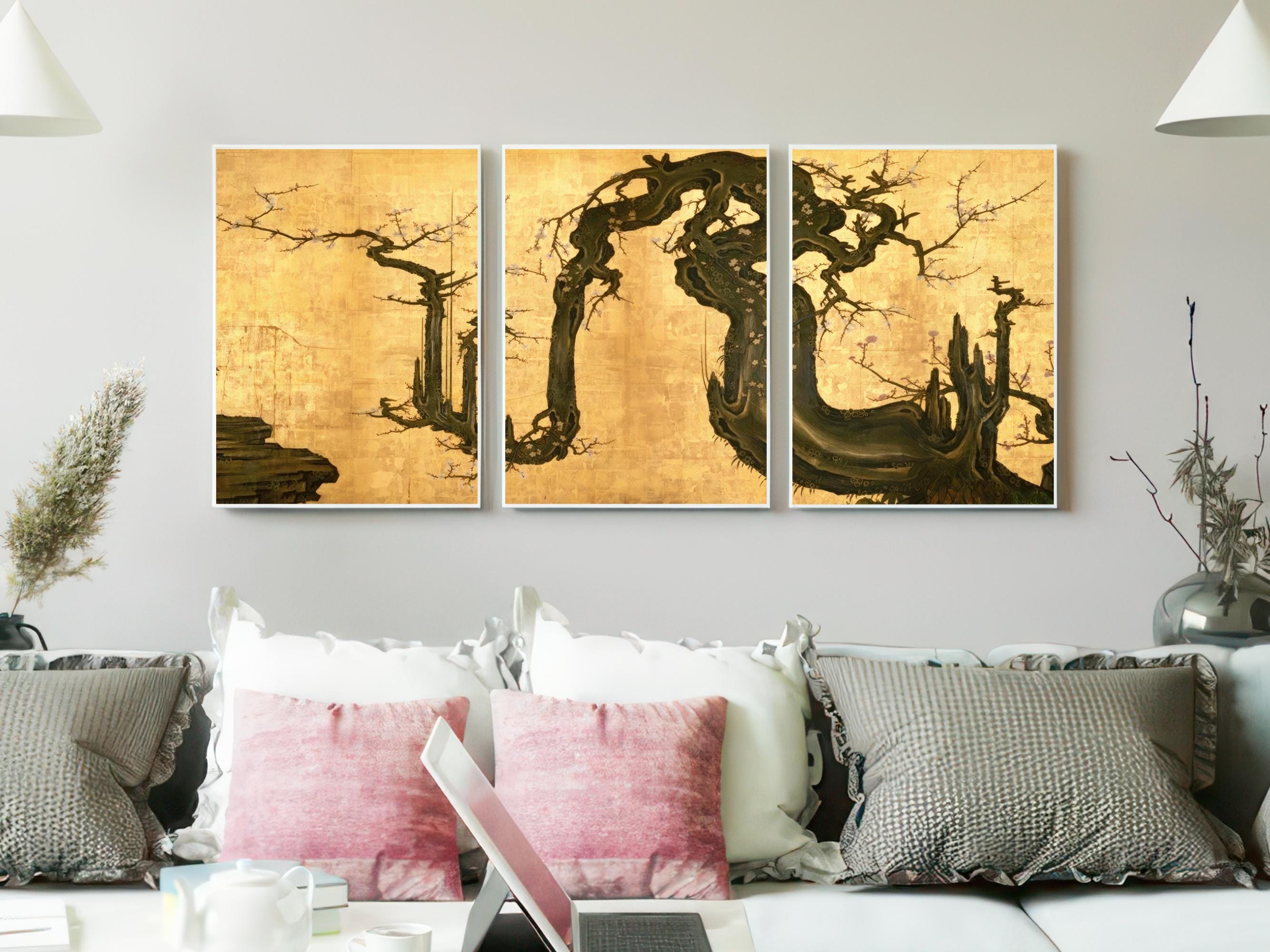 Set of 3 Japanese Gold Screen Wall Art, Ancient Plum Tree Triptych