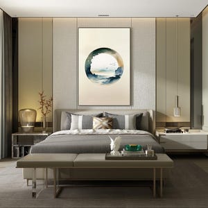 May include: A modern bedroom with a large bed, bench, and artwork. The artwork features a circular watercolor landscape. The room has neutral tones, a large window, and a walk-in closet.