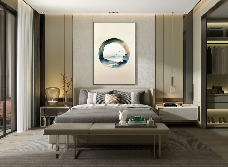 May include: A modern bedroom with a large bed, bench, and artwork. The artwork features a circular watercolor landscape. The room has neutral tones, a large window, and a walk-in closet.