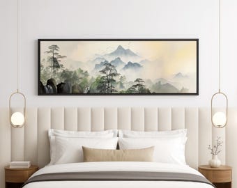 Framed Canvas Japandi Art, Panoramic Art On Framed Canvas, Long Horizontal Wall Art, Floater Canvas Wall Art, Japanese Canvas Art Piece
