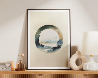 Zen Enso Watercolor Wall Art, Minimalist Japanese Ocean and Mountain Landscape with Birds, Portrait Japan Art Print on Premium Matte Paper