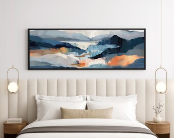 Nordic Abstract Wall Art, Minimalist Canvas Print with Floating Frame, Modern Blue and Grey Artwork, Japandi Home Decor for Living Room