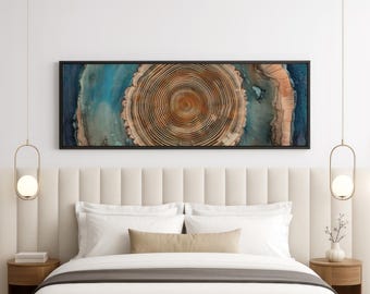 Nordic Tree Ring Wall Art, Abstract Scandinavian Framed Canvas Print, Long Horizontal Artwork, Modern Home Decor, Blue Nature Inspired Art